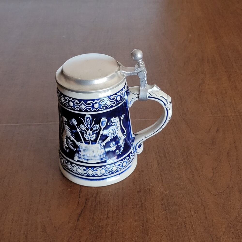 Vintage Gerz West Germany lidded beer stein cobalt blue white with lion crest